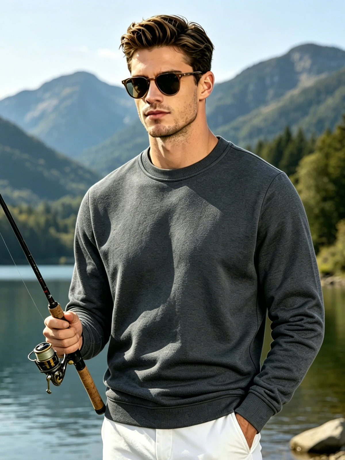 Men Solid Plain Crew Neck Sweatshirt Classic Rib Round Collar Cuffs & Hem Reinforced Waffle Stitching Soft Lightweight Wrinkle