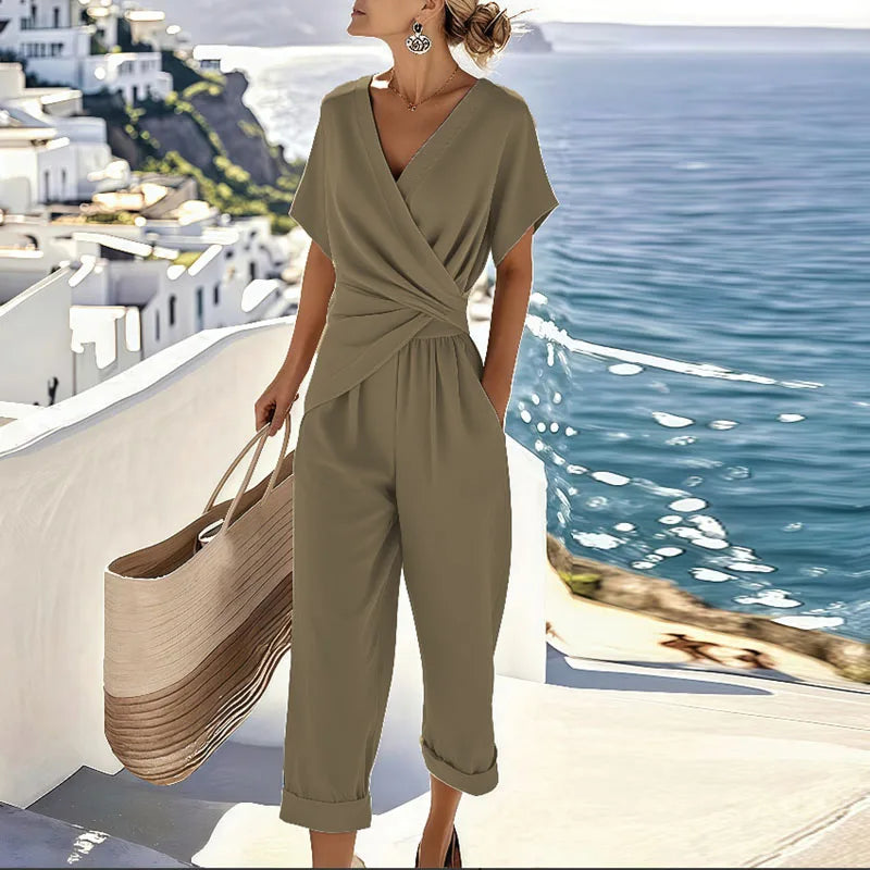 Summer Fashion Solid Women's Two Pieces Set Elegant V Neck Slim Office Suit Casual Pleated Irregular Top And Pants Female Outfit