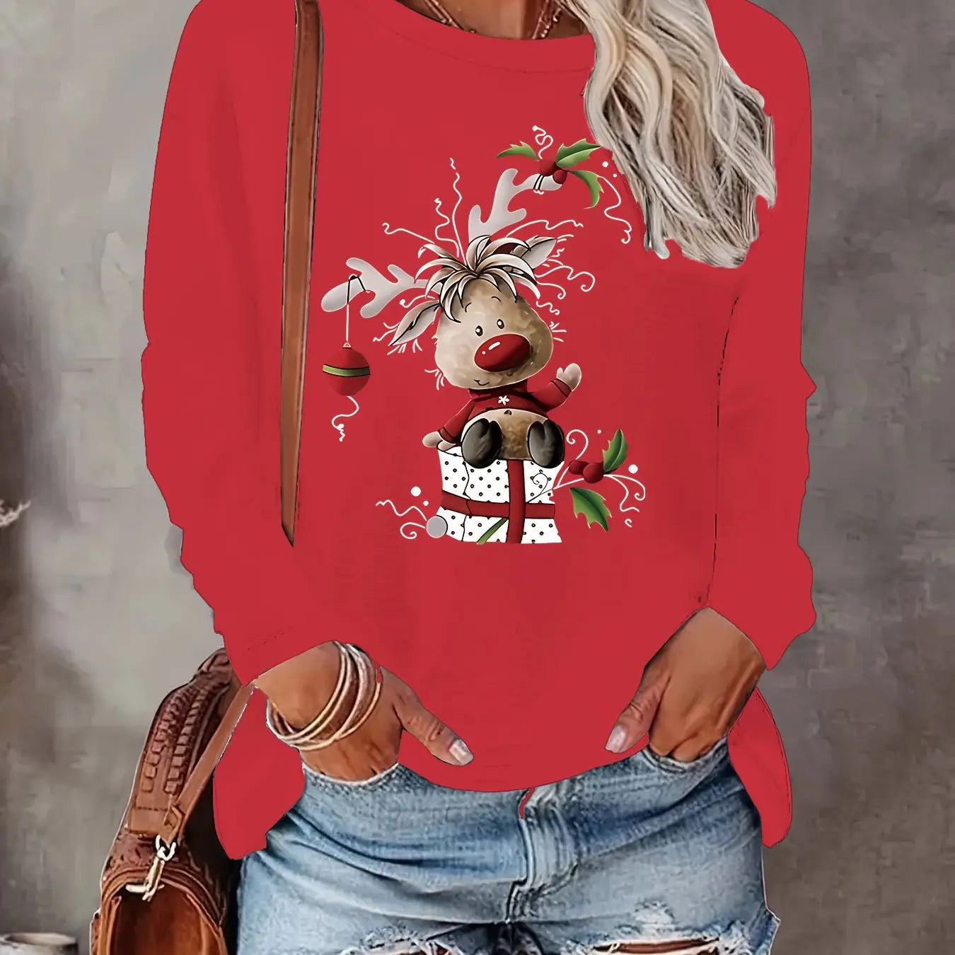 Women's Spring and Autumn 100% Cotton Fashion Casual Loose Christmas Deer Pattern Printed Round Neck Long Sleeve T-shirt Top
