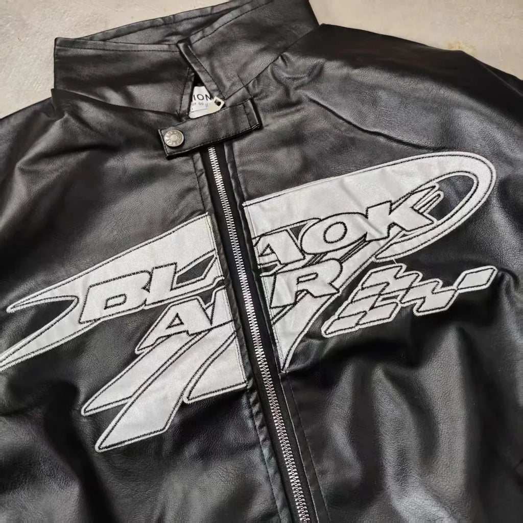 European American Motorcycle Leather Jacket Unisex Embroidered Baseball Jacket Retro Imitation Leather Jacket Coat Streetwear