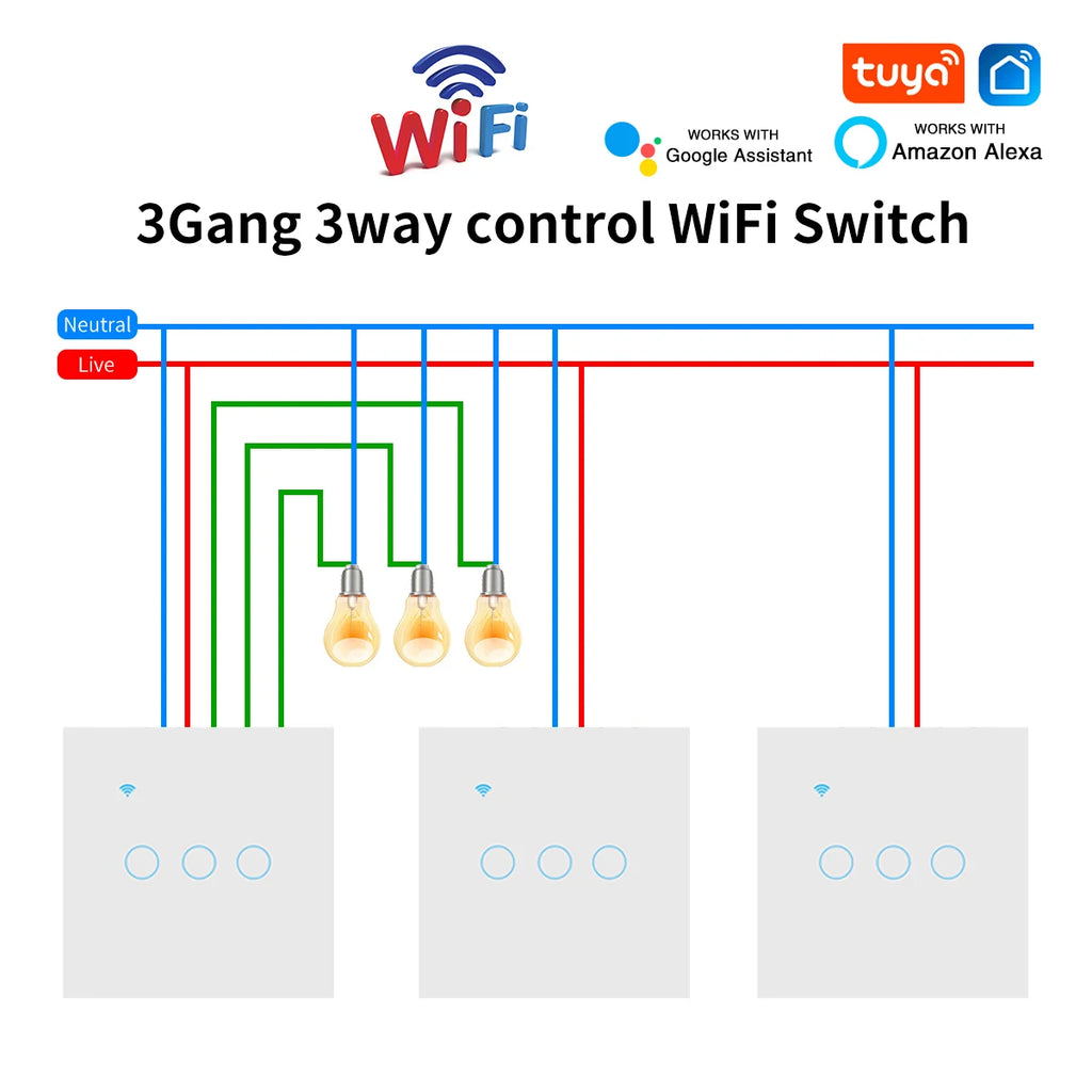 3way Wifi Switch 1/2/3gang Touch Light Switches With Tempered Glass Support Tuya Smart Life APP Voice Control For Stairs Bedroom