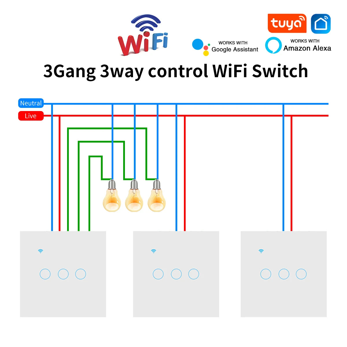 3way Wifi Switch 1/2/3gang Touch Light Switches With Tempered Glass Support Tuya Smart Life APP Voice Control For Stairs Bedroom