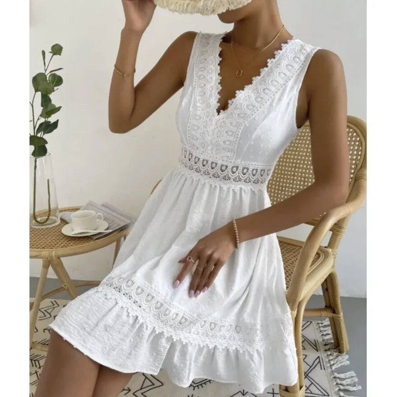 Women's White Party Dress Fashion Lace V-neck Ruffle Hook Flower Hollow Waist Mini Women Dresses Summer Sexy Prom Female Vestido