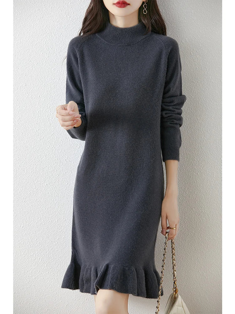 Women's Pure Wool Knitted Dress, High Collar, Pleated, Casual, Fashionable, Warm, 2024 Autumn And Winter