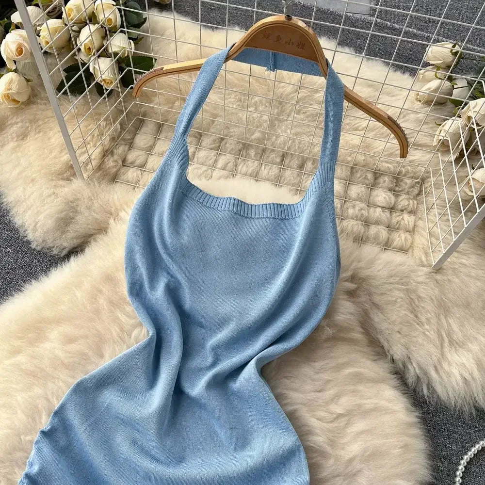 2024 Fashion Y2K Solid Knitted Women Dress Sexy Halter Backless Slim Elastic Bodycon Summer Short MiniDress Streetwear Vestidos