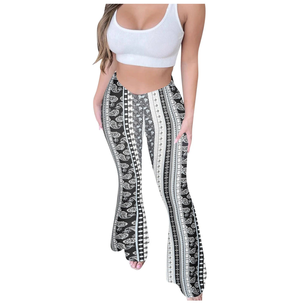 Bohemian Flare Pants for Women High Waisted Stretchy Bell Bottoms Y2K Hippie Style Trousers for Beach Vacation Leggings 2026