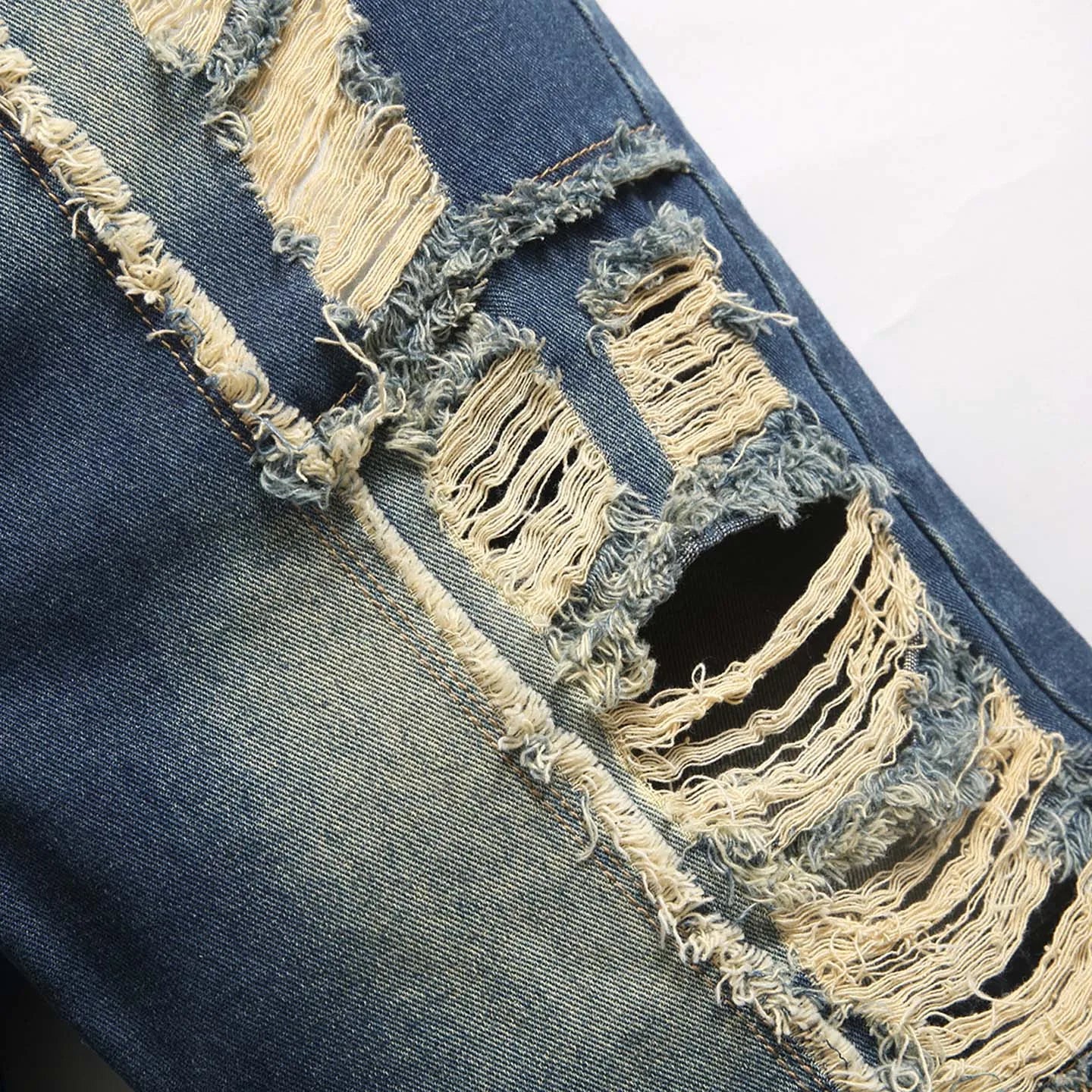 Men's Casual Spring/Summer Denim Shorts - Distressed Denim Shorts with Frayed Edges and Patchwork Details, Fashionable Street-St