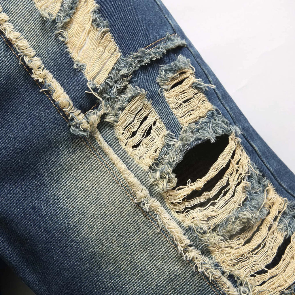 Men's Casual Spring/Summer Denim Shorts - Distressed Denim Shorts with Frayed Edges and Patchwork Details, Fashionable Street-St