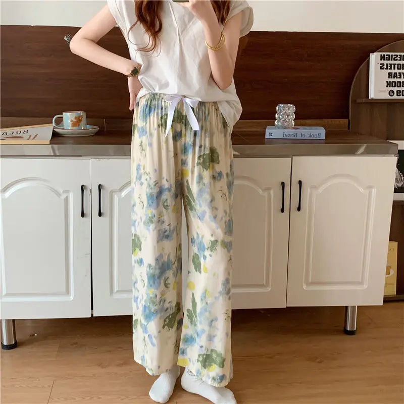 2025 Summer Sleeping Pants Women Thin Bottoms Spring Large Size Home Wear Pants Pajamas Flower Print Loose Cute Beach Trousers