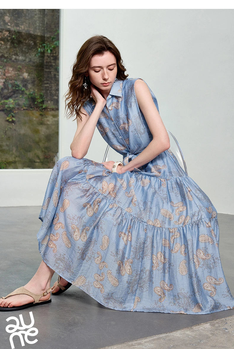 TOYOUTH Women Dress 2026 Summer New Blue Paisley Print Vintage Tank High Waist Tiered Cake Trendy Dresses
