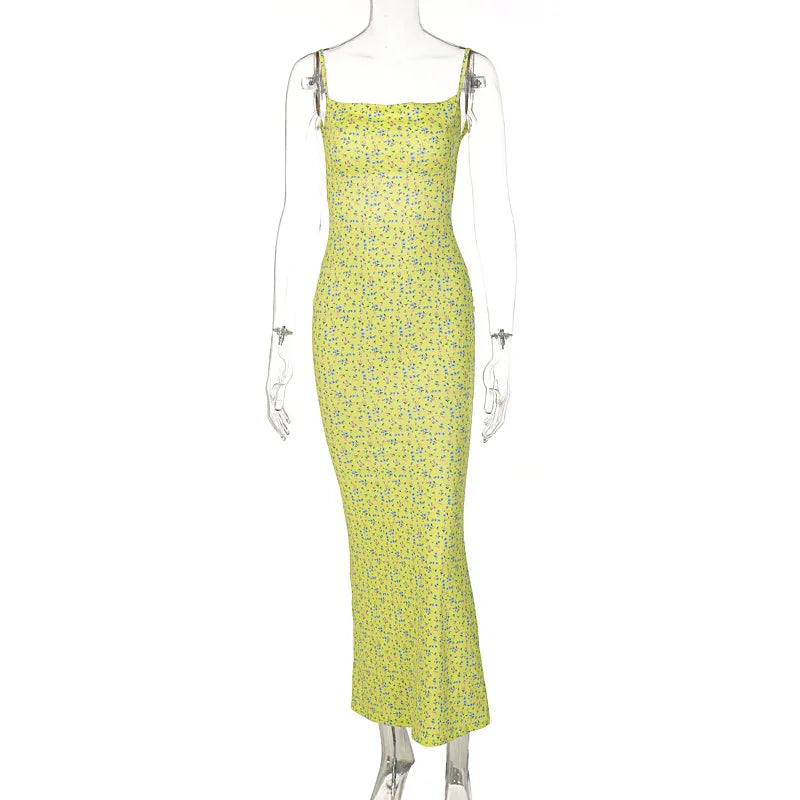 Women's Flower Print Sleeveless Backless Slim Maxi Dress Elegant Streetwear Party Clothing Spring 2025 Concise Sexy Slip Dress