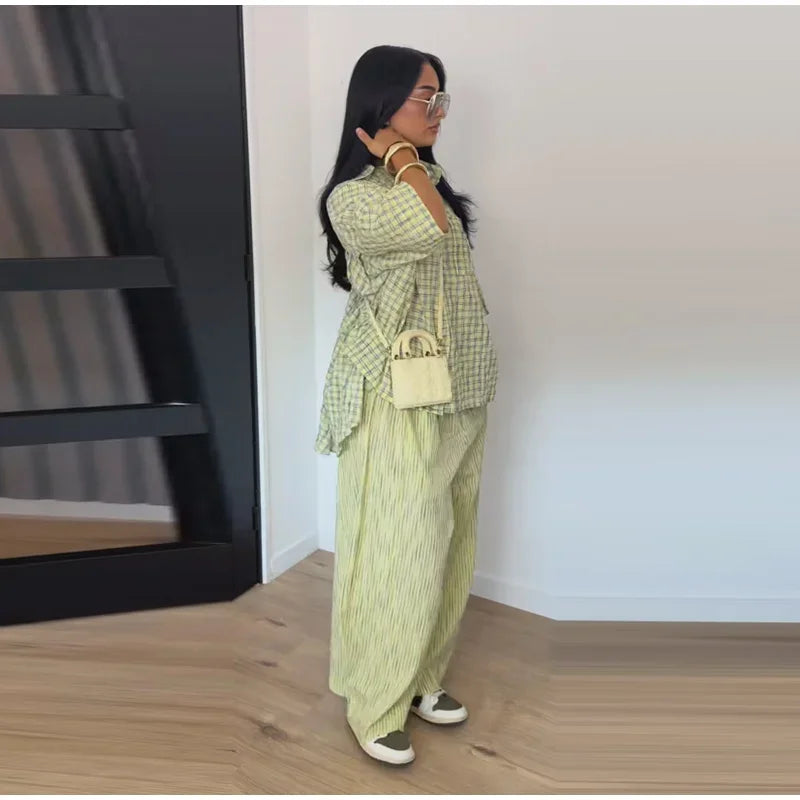 Casual Women's Plaid Blouse Pants Set Loose Lapel Single Breasted Half Sleeve Blouses Wide Leg Pant 2026 Summer Lady Suit
