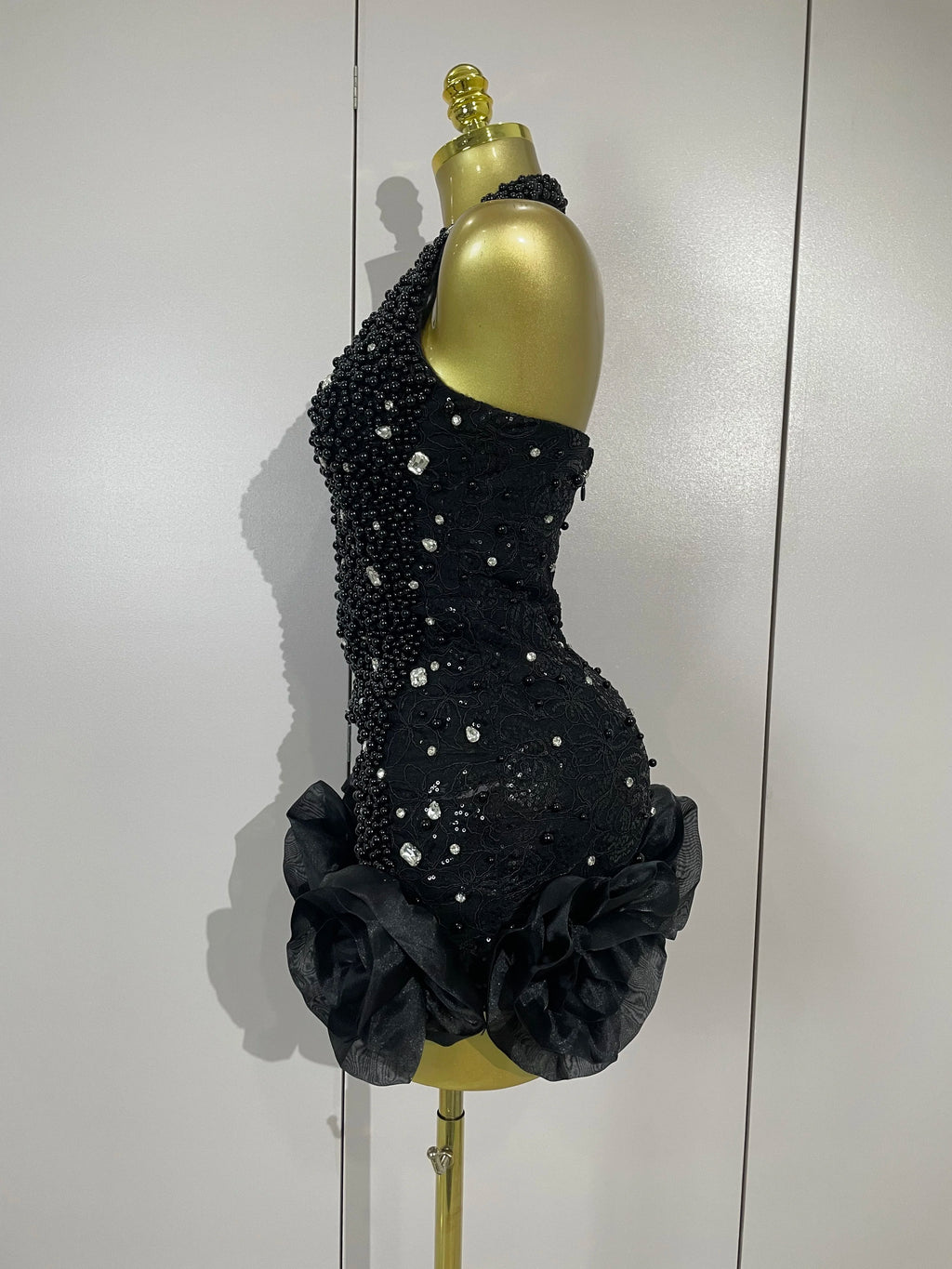 High Quality Luxury Shiny Diamonds Pearl Flowers Deep V Halter Short Dress Women Celebrate Eveing Celebrity Birthday Party Dress