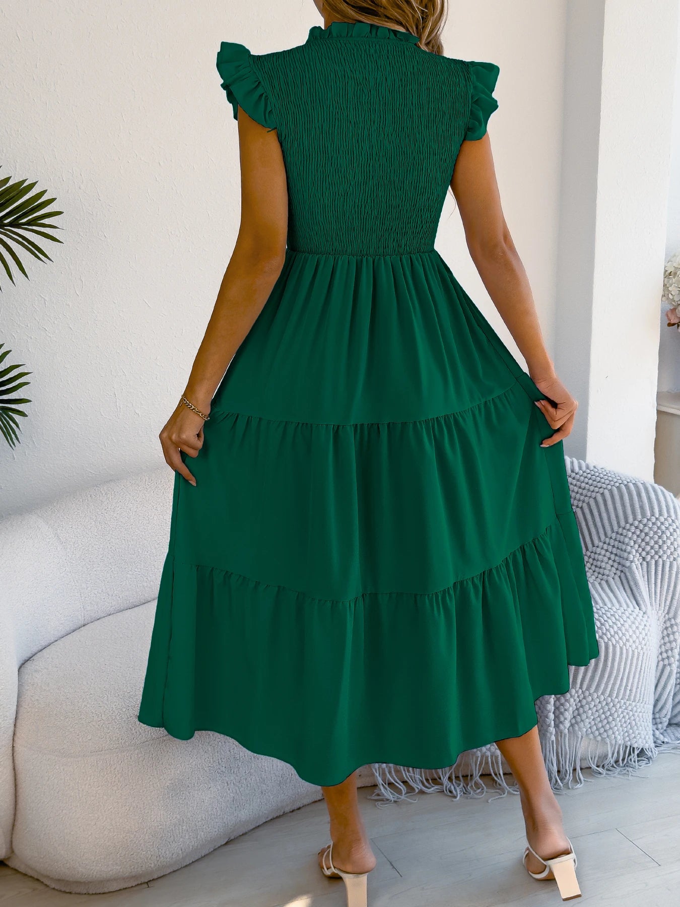 Spring Summer Elegant Ruffled Dresses for Women 2026 Casual Vacation Solid Color Round Neck Sleeveless Long Dress Blue Green