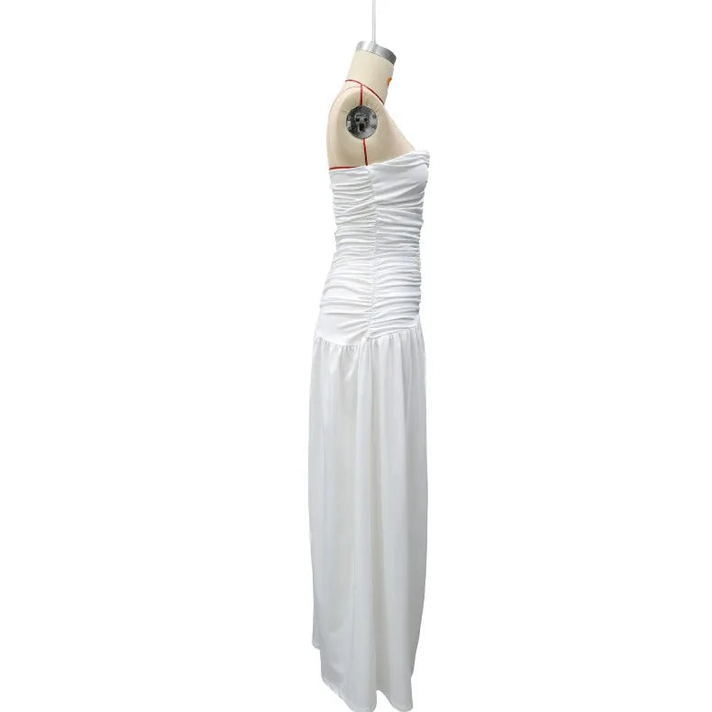 Solid Color Sexy Strapless High Slit Pleated Slim Fit Dress for Birthday Party Dinner Party Graduation Party Dress