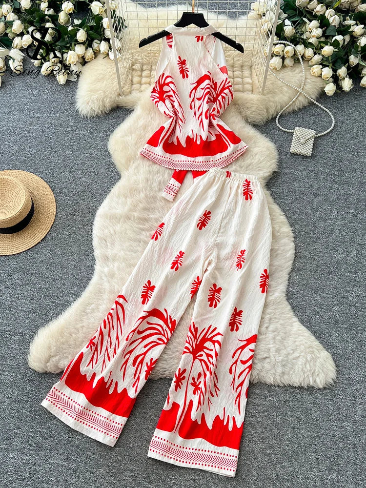 SINGREINY Boho Print Vacation Suits Summer 2026 Sleeveless Lace Up Tank Top+Loose Wide Leg Pant Chic Lazy Casual Women 2pcs Sets