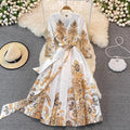 JAMERARY Elegant Luxury Flower Print Paisley Midi Autumn Dress Women's V Neck Laces Up Belt Midi Robe Party Vestidos