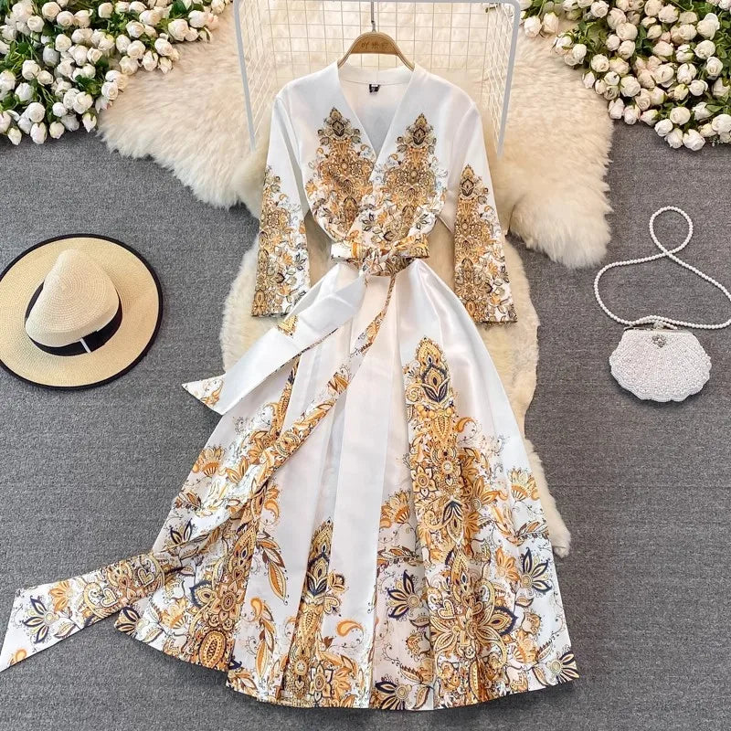 JAMERARY Elegant Luxury Flower Print Paisley Midi Autumn Dress Women's V Neck Laces Up Belt Midi Robe Party Vestidos