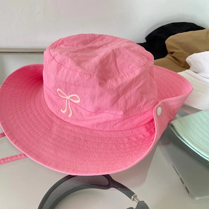 Korean Pink Bow Quick Dry Fisherman Hat Windproof Rope Women Outdoor Camping Mountaineering Hats Girl Summer Sunscreen Bowl Cap