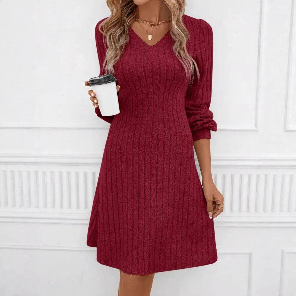 Spring 2026 Commuter Style Fleece Dress High Waist Slim Fit Midi Skirt Women's V-neck Long Sleeve Polyester Knitted Dress