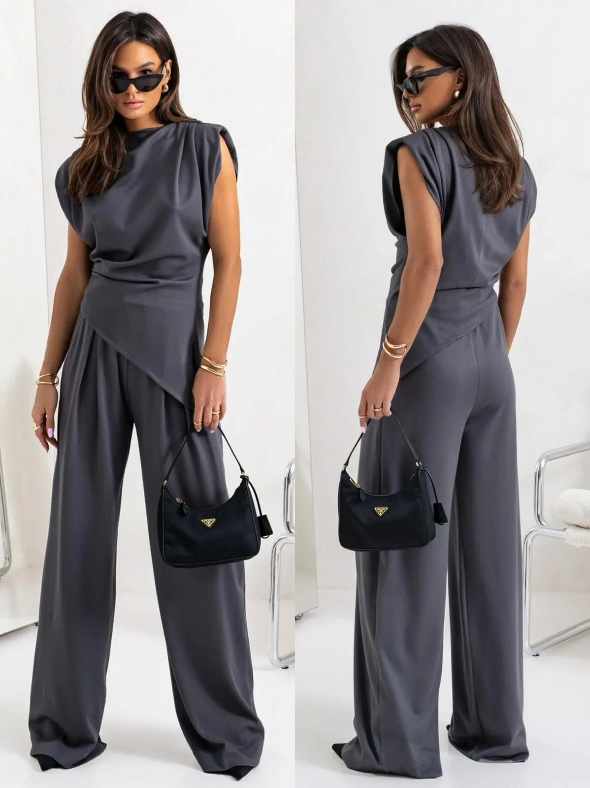 Summer Solid Asymmetric Short Sleeve Set Women's Casual 2-Piece