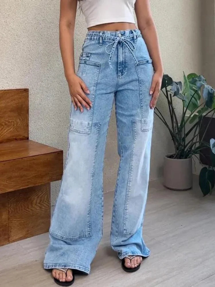【HME】Jeans | Drawstring Elastic High Waist Denim Pants, Cargo Patch Pockets With Contrast Stitching Wide Leg Denim, Light Wash Vintage Fabric, Relaxed Fit Flattering Pants For Women Daily Commute & Streetwear