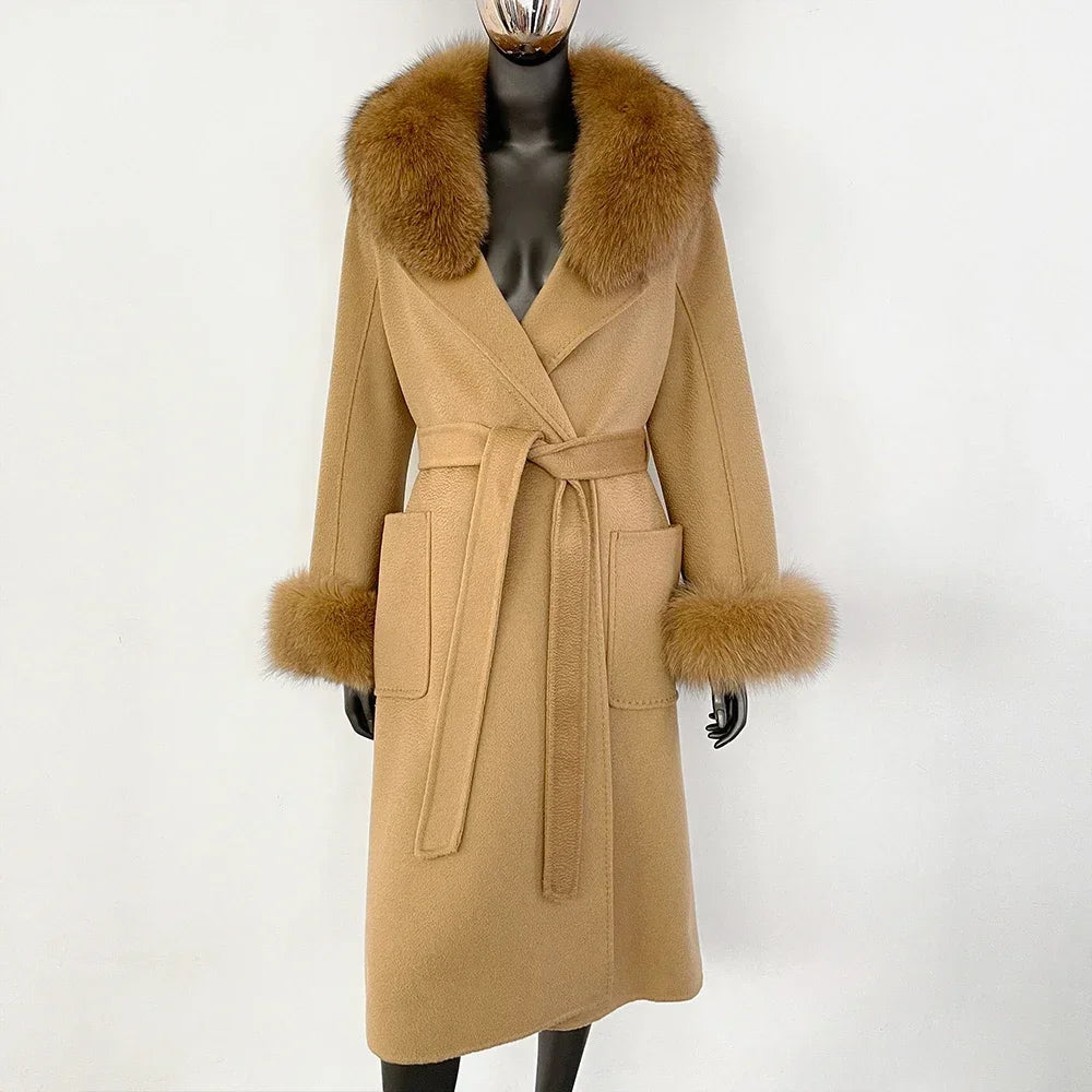 Elegant Wool Fur Jacket Women's Autumn Winter Warm Coat Natural Real Fox Fur Collar Jacket Casual Fashion Long Fur Coat Women's