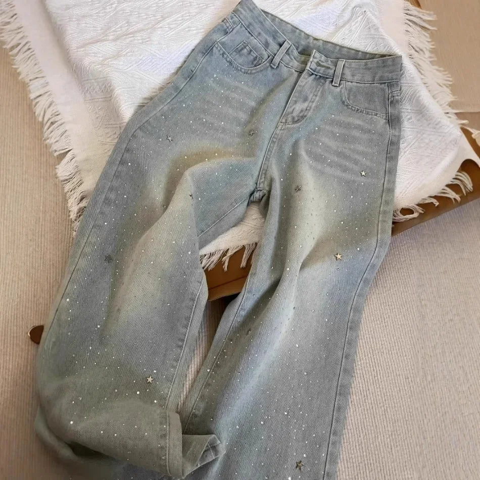 Spring Autumn Women Light-colored Stars Rhinestone Shiny Slim Wide-leg Baggy Jeans Fashion Joker Straight Pants Female Clothing