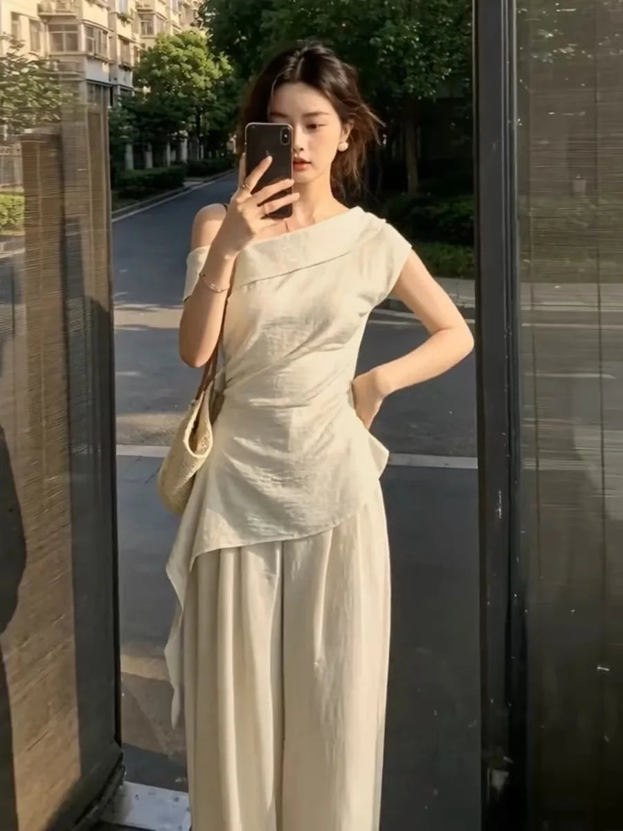 Summer Fashion Set Women's Side Shoulder Short Sleeve T-Shirt And Wide Leg Pants Two-Piece Suit Elegant And Stylish OOTD