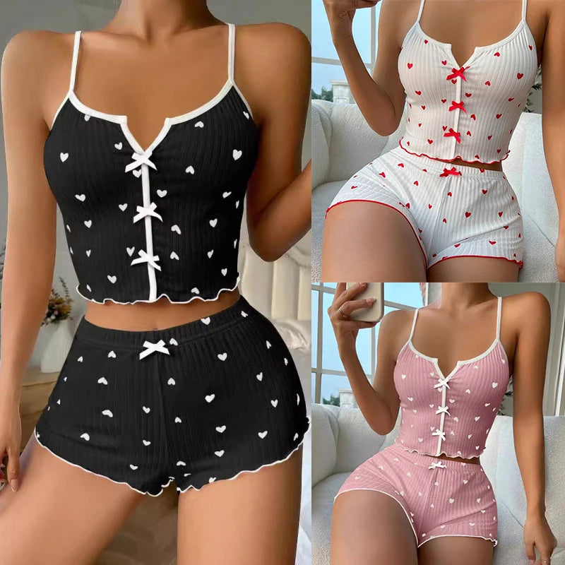 1 Set Sleepwear Women Pajamas Set Heart Print Soft Ribbed Fabric with Flirty Frill Trim Casual Cami Top and Short Set Loungewear