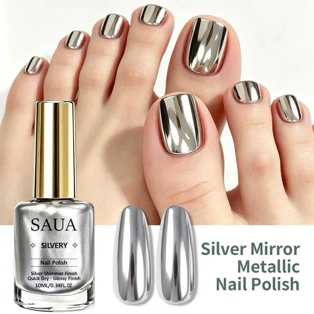 Silver Metallic Nail Polish—Quick-Drying, No UV Lamp Required, Mirror-Like Finish; the Perfect Choice for a Holiday Gift.
