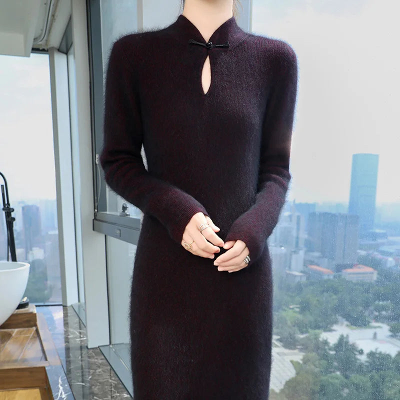 Women' 100%Pure Mink Cashmere Dress Stand-Up Collar Buckle Slim Knit Long Skirt Fashion High Waist Over The Knee Bottoming Dress