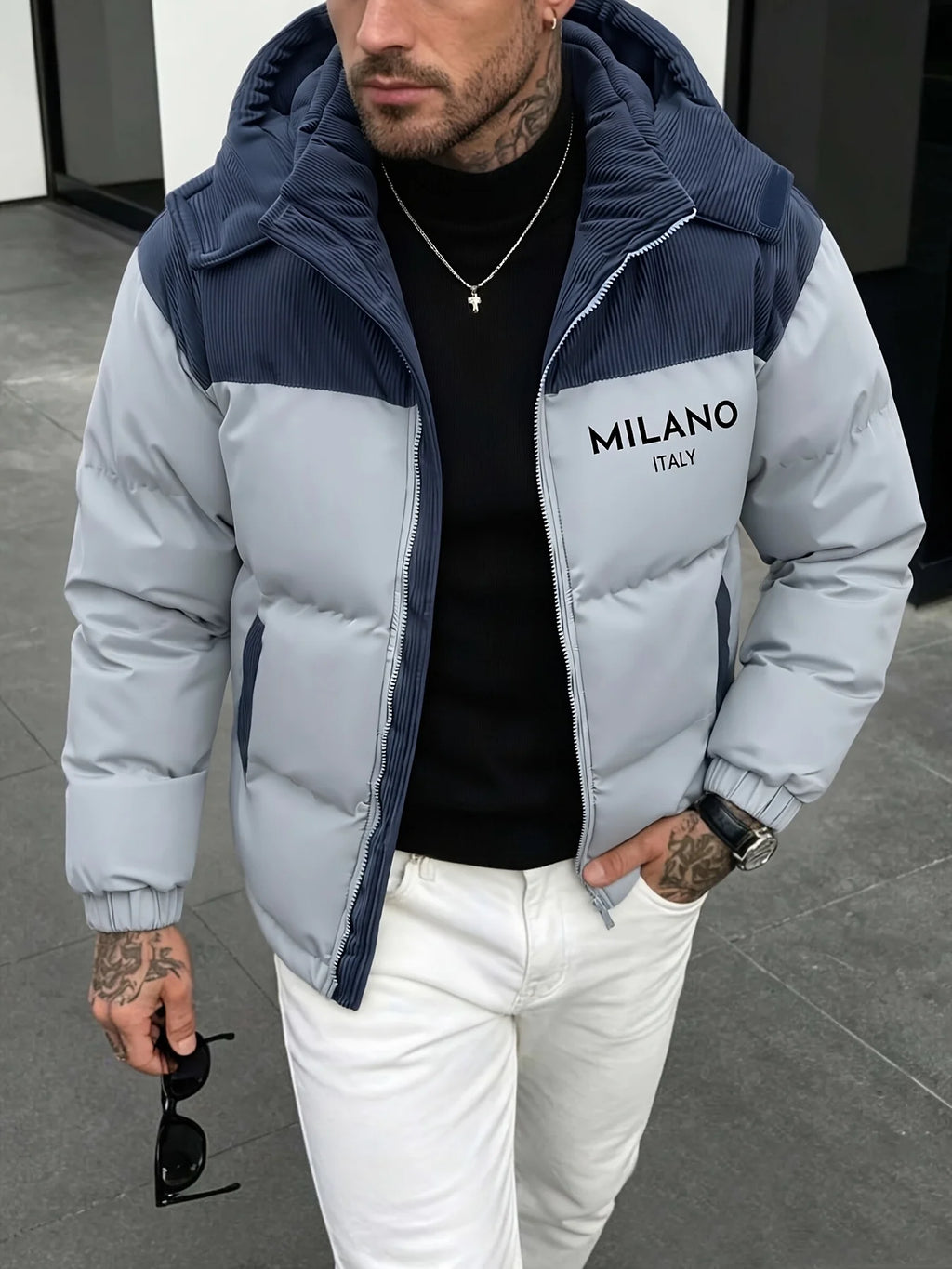 MILANO Printed Patchwork Corduroy Jacket Men Winter Hooded Coat Loose Thickened Outerwear Casual Party Outfit Men's Clothing