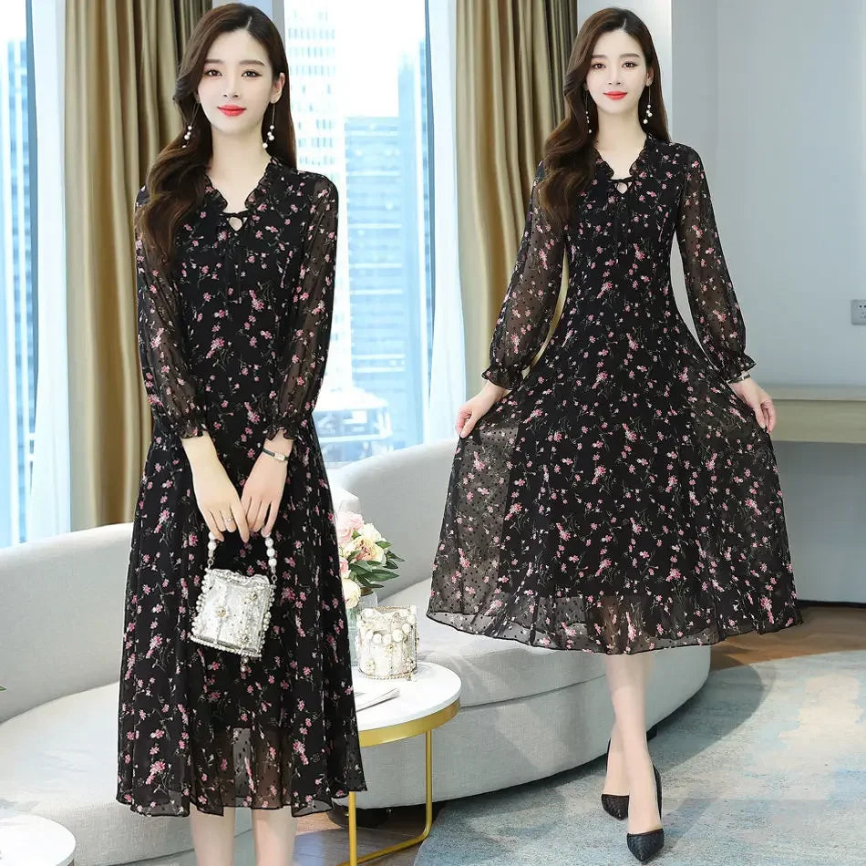 Woman Dress Summer Autumn New Long Sleeve Small Floral Chiffon Dress Dress Vestido De Mujer