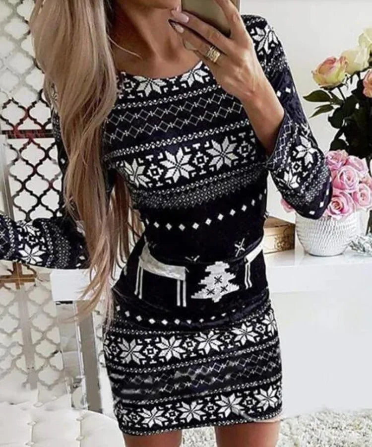 Christmas Women's Dresses 2024 Autumn Long Sleeve Fashion Snowflake Elk Print Casual O-Neck Daily Skinny Mini Dress