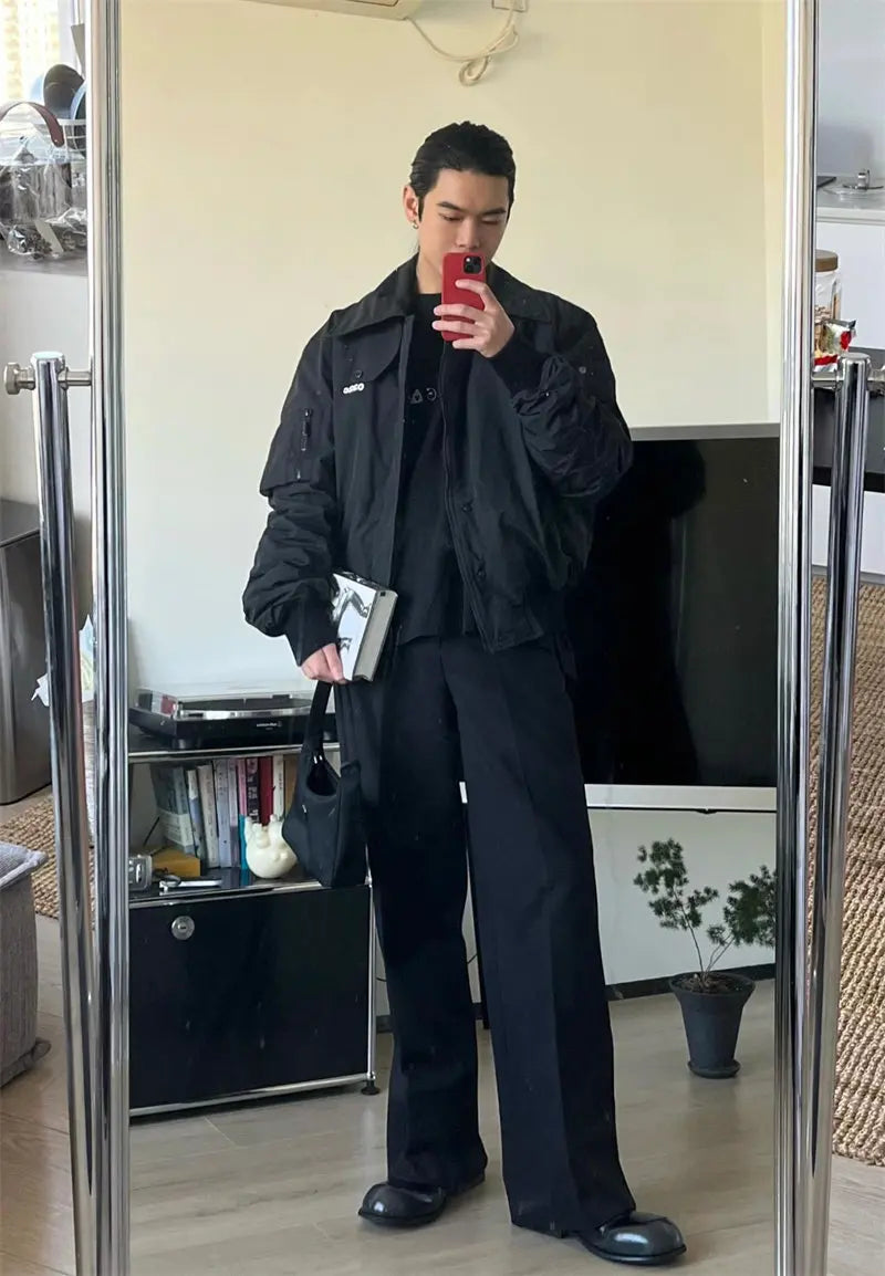 032C black silhouette short wide bomber zip multi pocket jacket