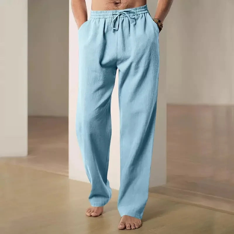 Men Drawstring Waist Linen Cotton Wide Leg Pants Thin Breathable Loose Casual Trousers For Spring Summer