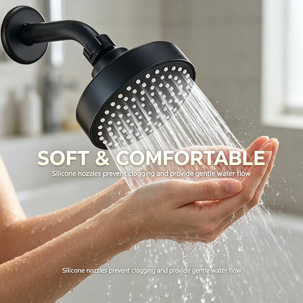 Modern Matte Black High Pressure Rainfall Shower Head with Wall Arm Large Round Fixed Overhead Spray Soft Silicone Jets