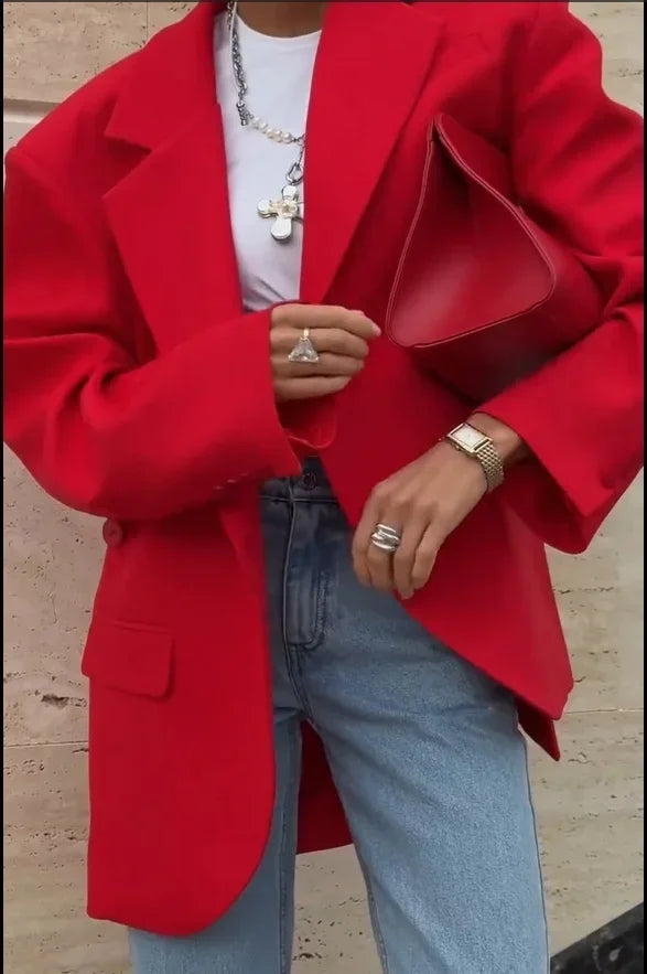 Women Solid Lapel Short Blazer Jackets Fashion Long Sleeve Single Button Loose Fited Suit Coat 2026 Autumn Daily Street Outwear