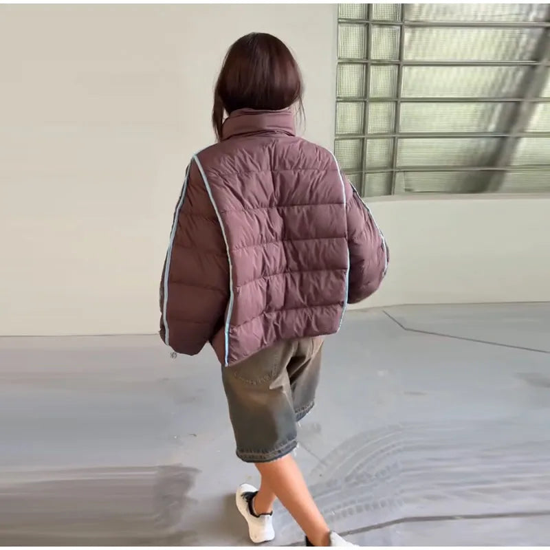 Casual Contrasted Color Women's Cotton Coats Zippers Stand Collar Loose Lady Thicken Jackets 2026 Autumn Winter Female Tops New