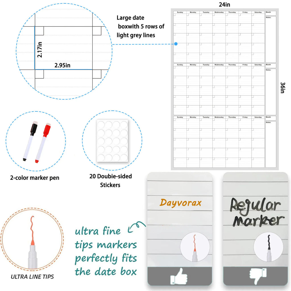 Reusable Whiteboard Calendar 2 Markers Dual Sided Foldable Design 3 Month Planner for Office Home School Erasable Surface Weekly