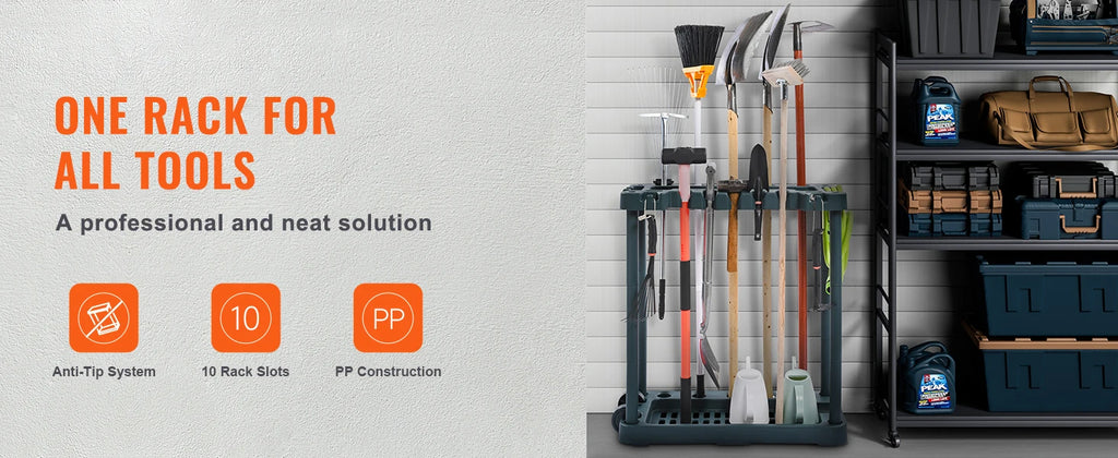 SucceBuy 10 Slots Yard Garden Tool Organizer Long-Handl Tool/Rake/Broom Tower Storage Rack Stand Holder for Garage Organization