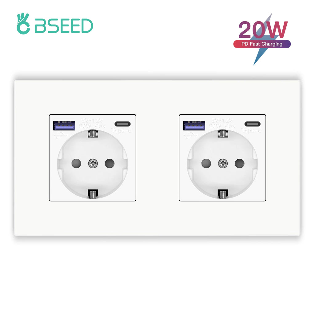BSEED EU Wall Sockets Type-C USB Power Sockets Double Electric Sockets Triple Outlets Plastic Frame Germany Socket With Dual USB