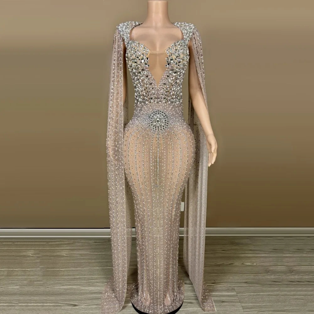 Luxury Sparkling Champagne Large Crystal Transparent Long Train Dress Set Birthday Celebration Dress Evening Wedding Dance Dress