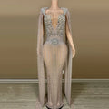 Luxury Sparkling Champagne Large Crystal Transparent Long Train Dress Set Birthday Celebration Dress Evening Wedding Dance Dress