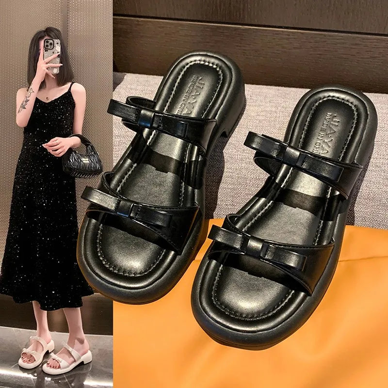 Summer Women Bow Decor Platform Slide Sandals Open Toe Non Slip Comfortable Shoes for Daily Casual Outdoor Beach Wear