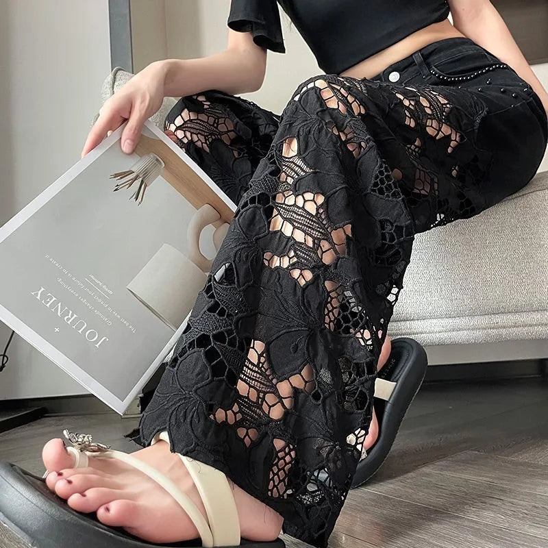 2025 Women's Denim Baggy Jeans flared Black Pants Diamonds Patchwork Lace Hollow Out Embroidery Straight  New Summer Fashion