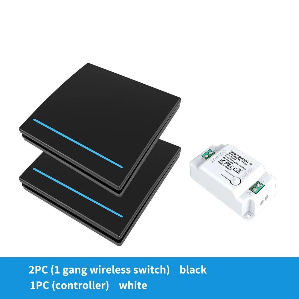 Long Distance Smart Tuya Wifi Wireless Switch Black And  White 1/2/3gang RF433 Remote Control Light Switch CR2032 Power Supply