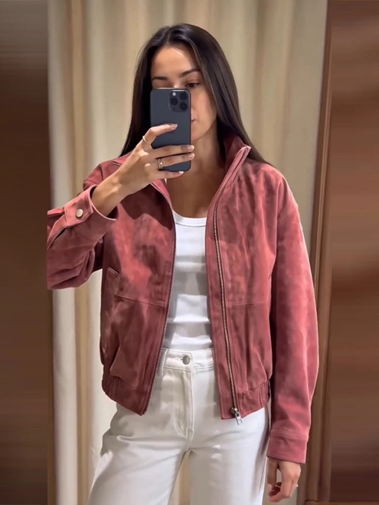Women Dusty Faux Suede Bomber Jacket Stand Collar Zip Up Loose Drop Shoulder Elastic Hem Casual Fall Outerwear 2026 Fashion Coat
