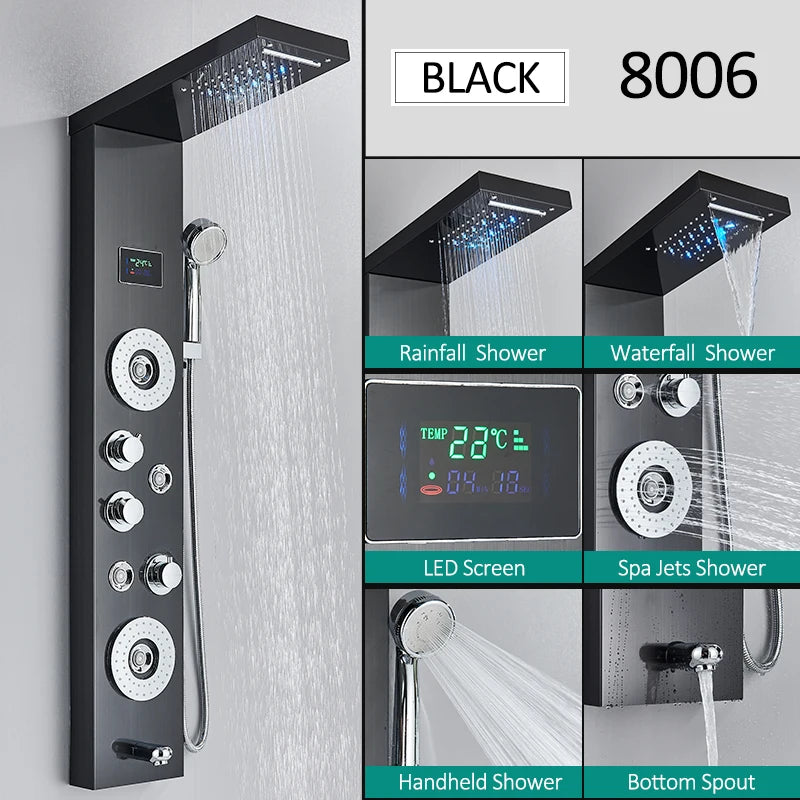 LED Shower Panel Tower System Rain Waterfall Shower Column Hydroelectricity LCD Display With Massage Body Spa Bath Shower Faucet